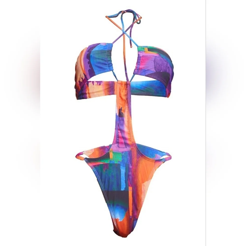 Purple Abstract Paint Cut Out Halterneck Swimsuit